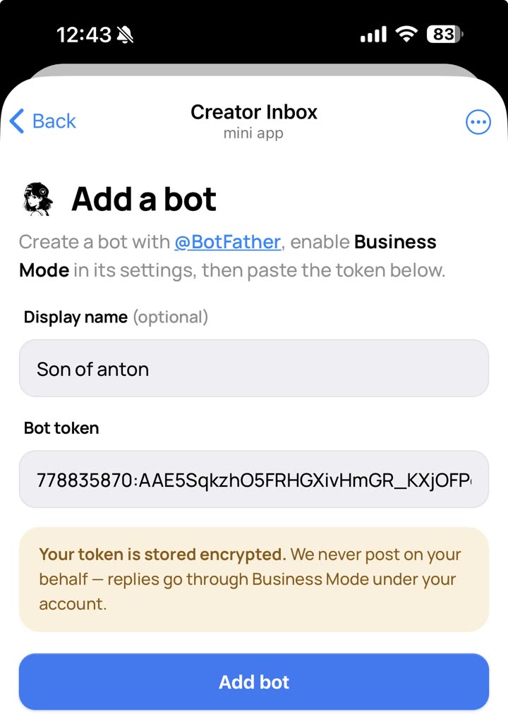 Add a bot screen — display name and bot token fields.