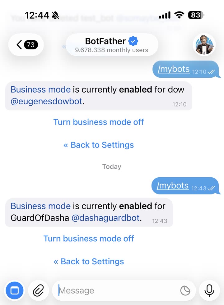Telegram chat with @BotFather showing Business mode enabled.