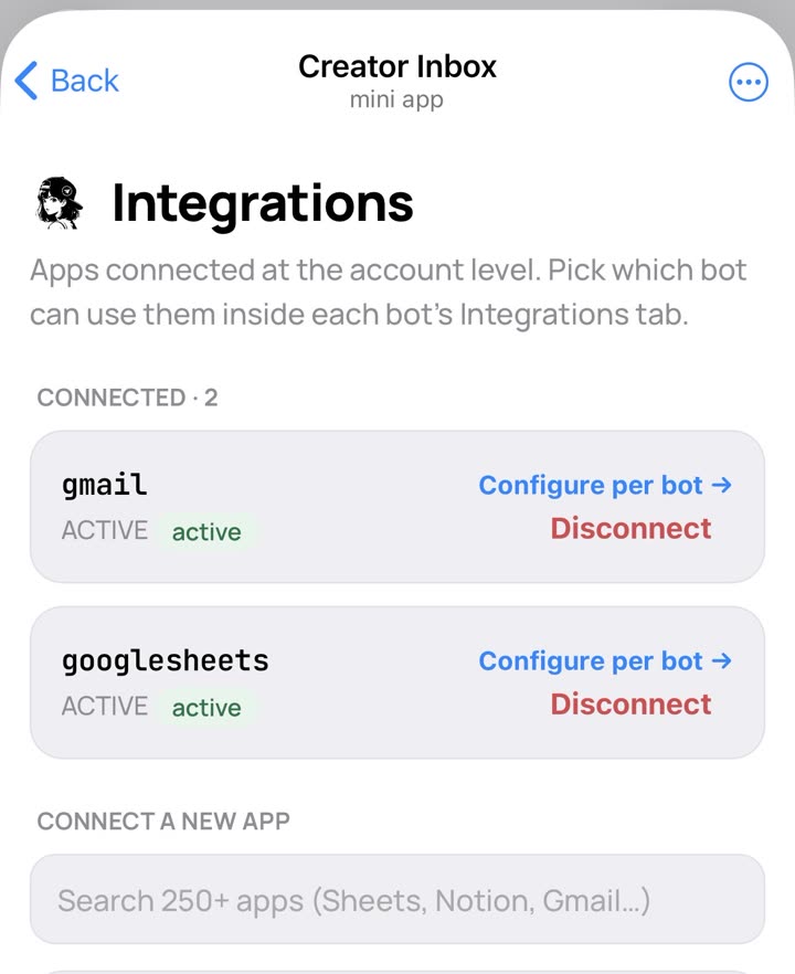 Integrations screen showing connected gmail and googlesheets.