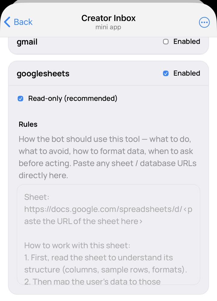 Per-tool rules editor for googlesheets — read-only mode and rules text area.
