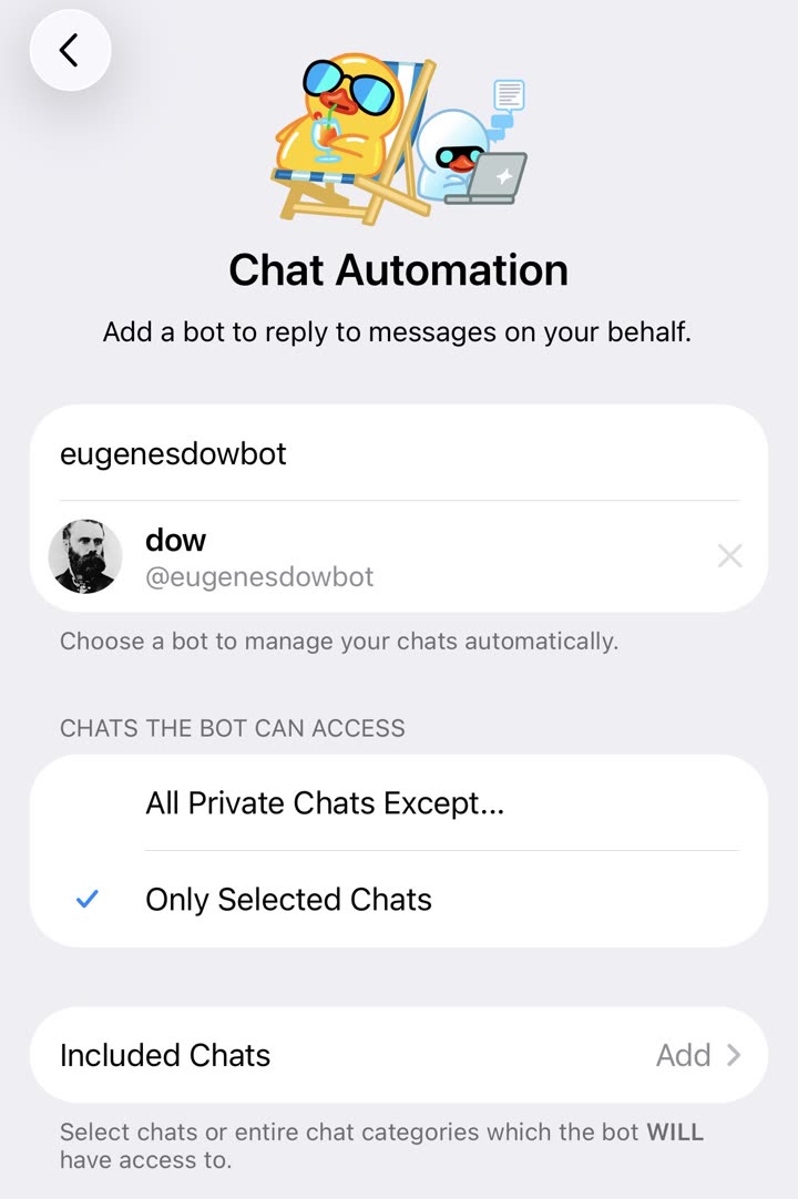 Telegram Chat Automation screen with bot picked and 'Only Selected Chats' chosen.